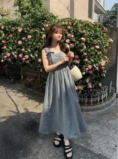 リボンギャザーチェック柄ワンピース tg801 GRL