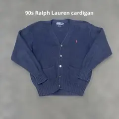 90s ラルフローレン カーディガン コットン ネイビー ポニー刺繍赤 メンズM