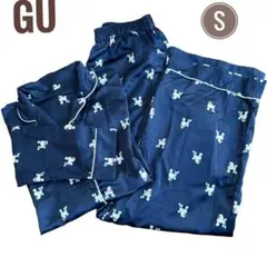 【GU】プードル サテンパジャマ 上下セット 犬 S ネイビー