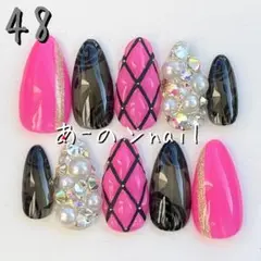 48番☆ネイルチップ ピンク黒キルティングビジュー埋めつくしバラ派手ギャル個性派