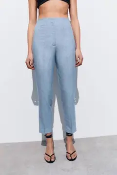 zara ブルー　ハイウエスト スラックス　L