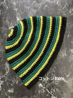 クラッシャーハットバケットハットクロシェハットグリーンイエローブラック