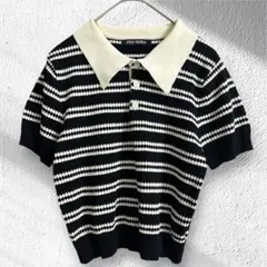 スプレイプレミアム　ポロシャツ　ニット　半袖　クロップド丈　ボーダー　モノトーン