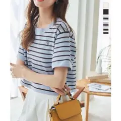 神戸レタス サマーニット ブルーブラウン ショート丈 夏服 ボーダー トップス
