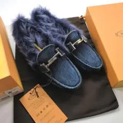 TOD'S モカシン ドライビングシューズ フラット ダブルT ファー デニム