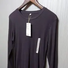 未使用 無印良品 リブ編み クルーネック 長袖Tシャツ XL ダークブラウン