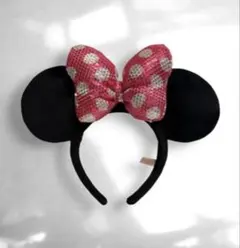 ディズニー ミニー 水玉 ドット リボン カチューシャ ピンク スパンコールのサムネイル