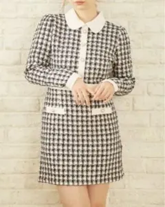 INGNI★衿付配色ツイード/OP☆オフホワイト/クロ★M☆イング★ワンピース