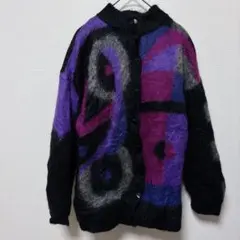 【希少・一点物】ヴィンテージ 総柄モヘアニットカーディガン モックネック アート