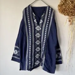 メンズ グアテマラ シャツ 刺繍 長袖 USED 古着 ネイビー