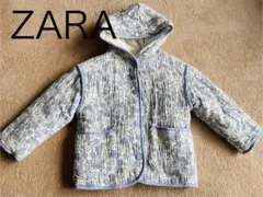 【美品】104サイズZARAフラワー柄中綿混フード付きジャケットブルー系