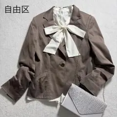 自由区/オフィスセットアップ/テーラードジャケット/ボウタイブラウス/茶×白/Lのサムネイル