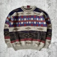極美品 イタリア製 ジャガード総柄 クルーネックニット L COOGI風 90s