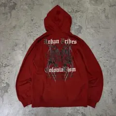 Y2K 短丈 裏起毛ジップパーカー 赤 トライバル ロゴ ギャル男