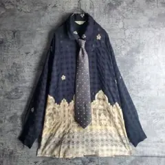 【ネクタイシャツ】シアーシャツ 総柄 花柄 アニマル 犬 バイカラー レトロ