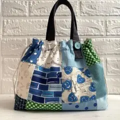 パッチワーク＊巾着バッグ(アメリカンポップ　ブルー系) ハンドメイド