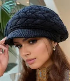 暖か裏ボア防寒ニットケーブル編み黒新品★キャスケット帽子小顔ハット◆ブラック