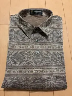 BISHU JAPAN メンズ 長袖　ポロシャツ　茶色　幾何学模様　Lサイズ