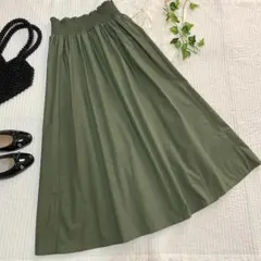 【美品✨】GU ジーユー ロングフレアスカート グリーン オリーブ
