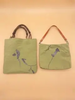 【美品】バッグ ＆ ポーチ セット 和柄 グリーン系 軽量 お出かけ