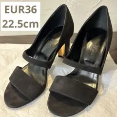 HERMES 黒 スエード オープントゥ ヒール 22.5cm 36