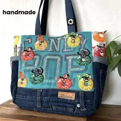 969.短期出品★刺繍　デニムリメイク トートバッグ サイドポケット