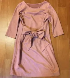 ストロベリーフィールズ　ピンク　無地　ベロア素材　半袖　膝丈ワンピース