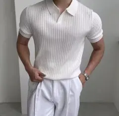 リブニット ポロニット　シャツ　ホワイト メンズ