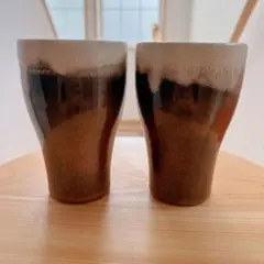 陶器製　ビアタンブラー　2個セット ブラウンベージュ