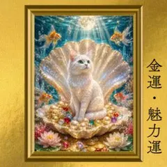 白猫 金運・美・愛情・価値向上 開運アート 黄金真珠の海 クリスタルアート