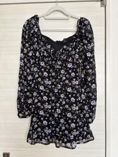 Forever 21 黒紫花柄長袖ミニワンピース