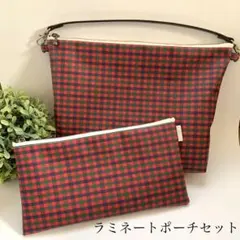 再再・販☆25cmラミネートポーチと20cmポーチセット☆赤チェック柄