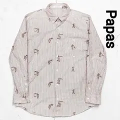 Papas パパス ペンキ屋さん 総柄刺繍 ストライプBDシャツ 長袖 日本製