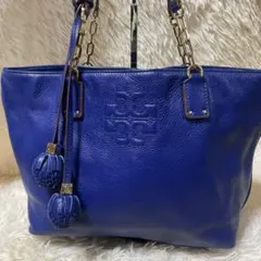 美品　トリーバーチ チェーン トートバッグ 青 ブルー シボ革 肩掛け