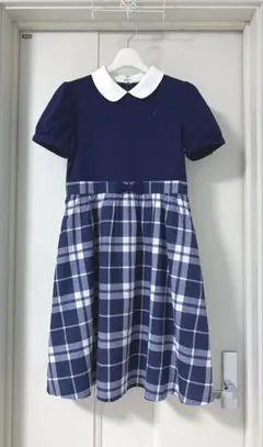 美品KUMIKYOKU襟付きネイビーチェックワンピース紺組曲150cm160cm