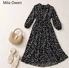 ミラオーウェン　Mila Owen ＊カシュクールワンピース花柄　＊１Mブラック