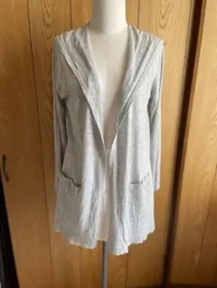 再値下げanySISフード付グレー長袖サマーロングカーディガン裾袖口 レース模様