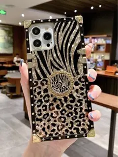 iPhoneケース　ヒョウとゼブラ柄　リングスタンド　落下防止　上品　大人気