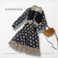 ワンピース 黒 小花柄 森ガール 異素材ドッキング ハンドメイド 大人可愛い