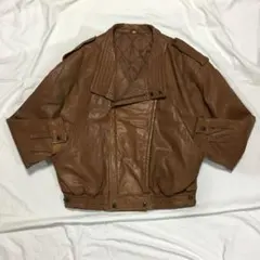 【個性派古着】革ジャン　変形襟　短丈　茶色　本革　ツヤありレザー　メンズL