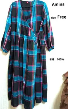 Amina レディース　インド製チェック柄カシュクールワンピース　F