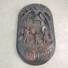 最高級銘木】黒檀調 木彫り レリーフ 壁掛け 額装 馬車 南国 風景 彫刻