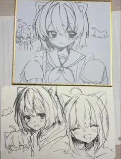 アナログイラスト 2点 ミニ色紙 オリジナル イラスト 色紙 原画