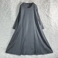 美品 ミズイロインド ストライプ ウール混 Aライン ロングワンピース