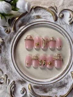 シアーピンク ツイード リボン フレンチガーリー ワンホン 韓国 ネイルチップ