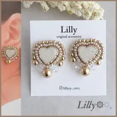 #972ビーズ刺繍ピアス/ハート/ゴールド/クリア/ハンドメイドピアスイヤリング