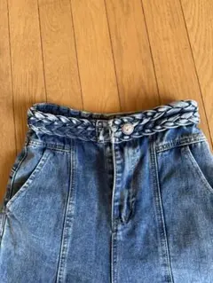 ワイドストレート　デニムパンツ　リメイク　おしゃれ　編み込みデザイン　S