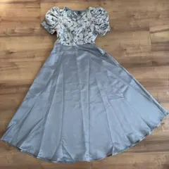 花柄パフスリーブパーティードレス シルバー