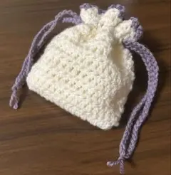 クリーム色と紫色の巾着ポーチ ハンドメイド