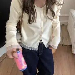 SHEIN フリル クルーネックニットカーディガン